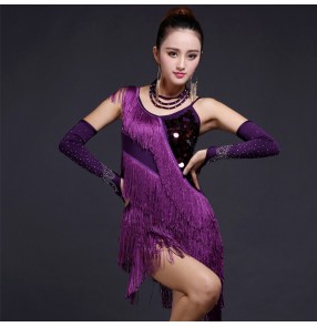 Dark purple violet royal blue red black hot pink fuchsia fringes tassels sequins paillette rhinestones with gloves women's competition performance professional latin salsa cha dance dresses  skirts outfits